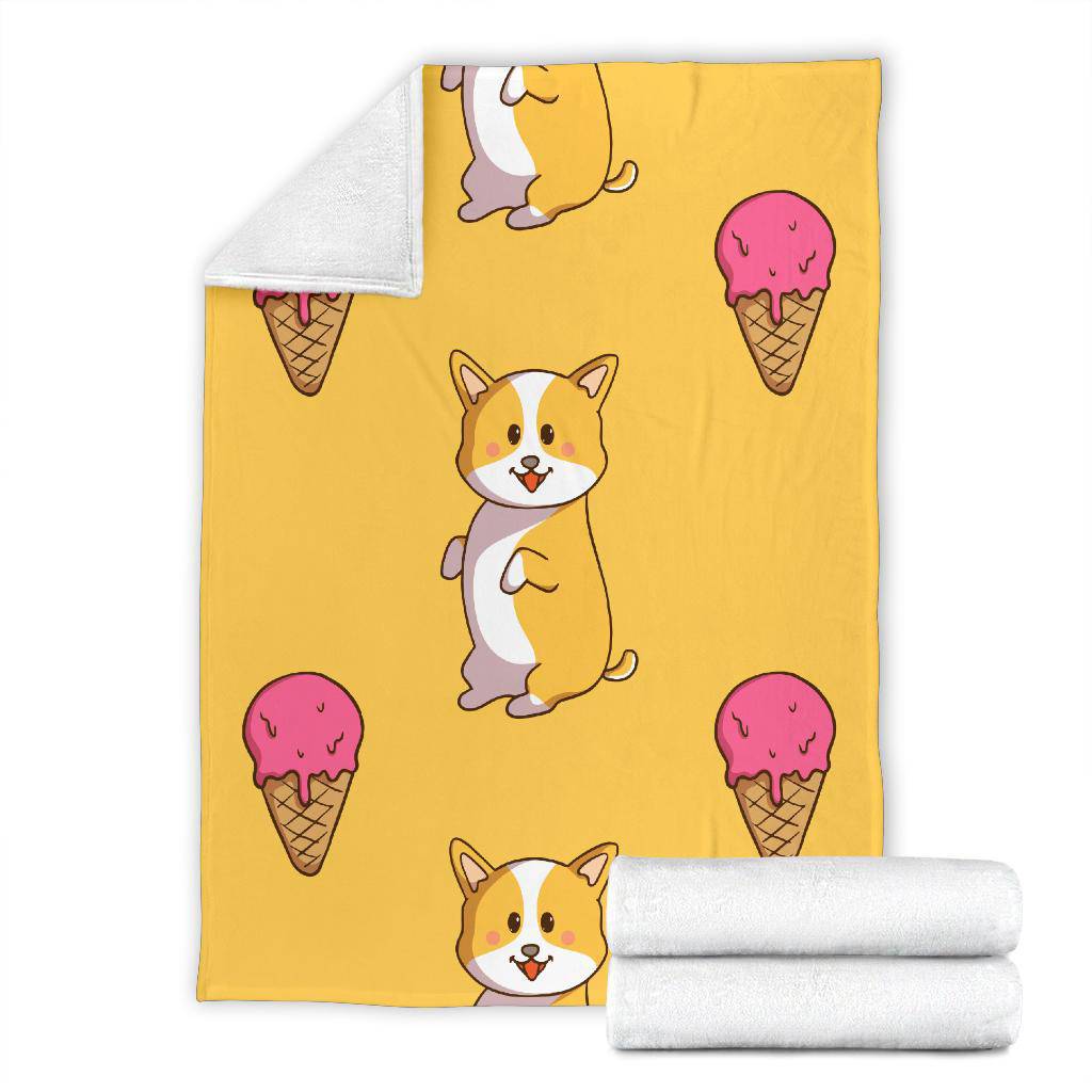 Cute Corgi With Ice Cream, Yellow Doodle Style Cartoon Premium Blanket - Top Content | POD Collection | Free Shipping