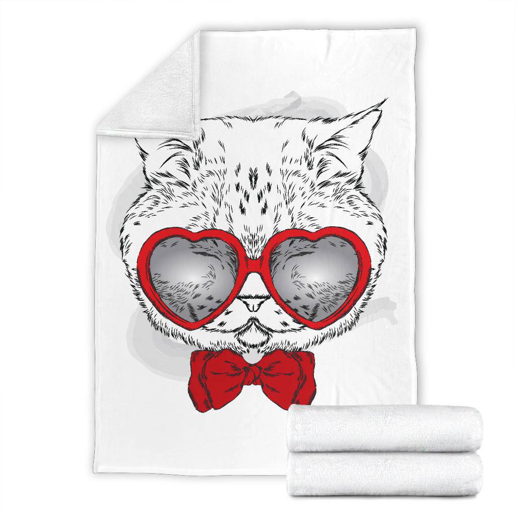 Cute Cat With Red Heart Glasses Premium Blanket - Top Content | POD Collection | Free Shipping