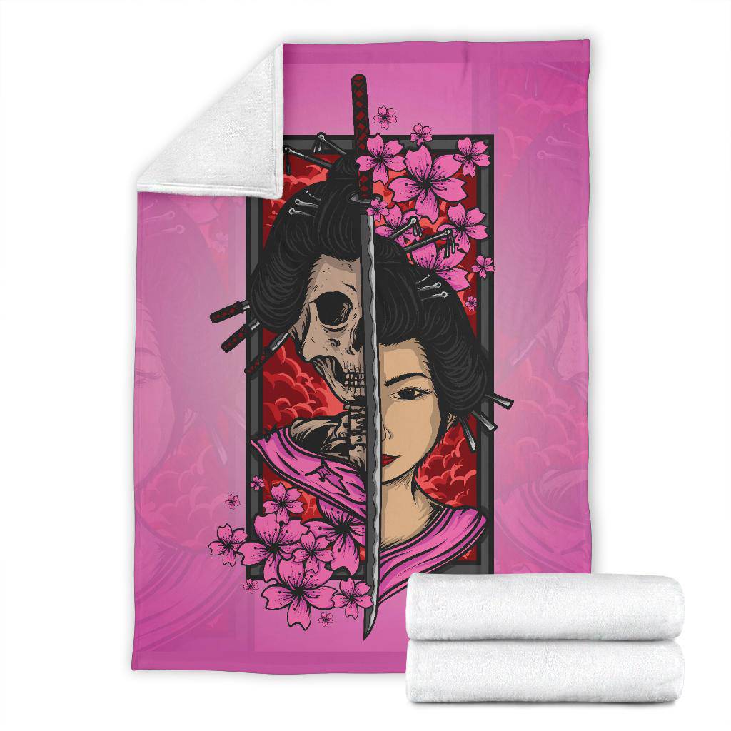 Geisha Skull With Sakura And Katana Premium Blanket, Japanese Style Art - Top Content | POD Collection | Free Shipping