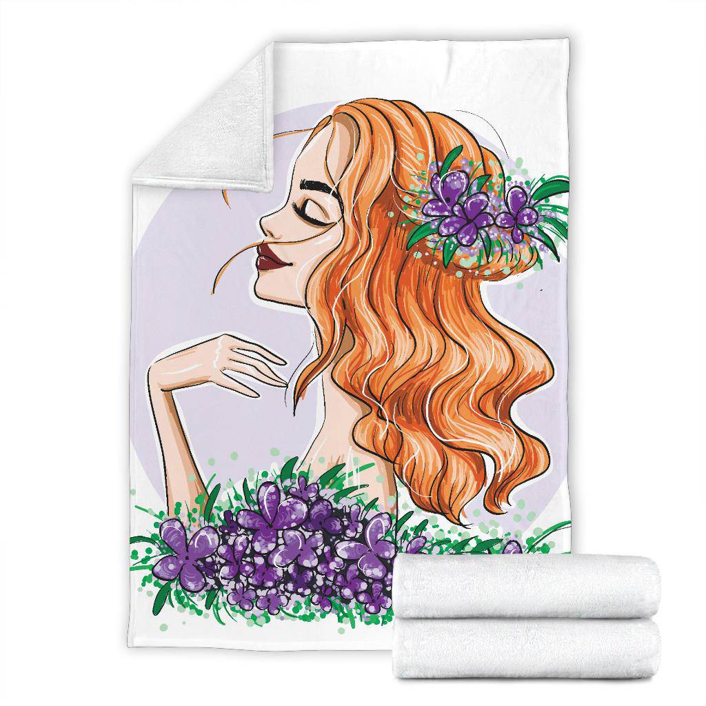 Beautiful Girl with Red Waved Hair and the Flowers in the Head Premium Blanket - Top Content | POD Collection | Free Shipping