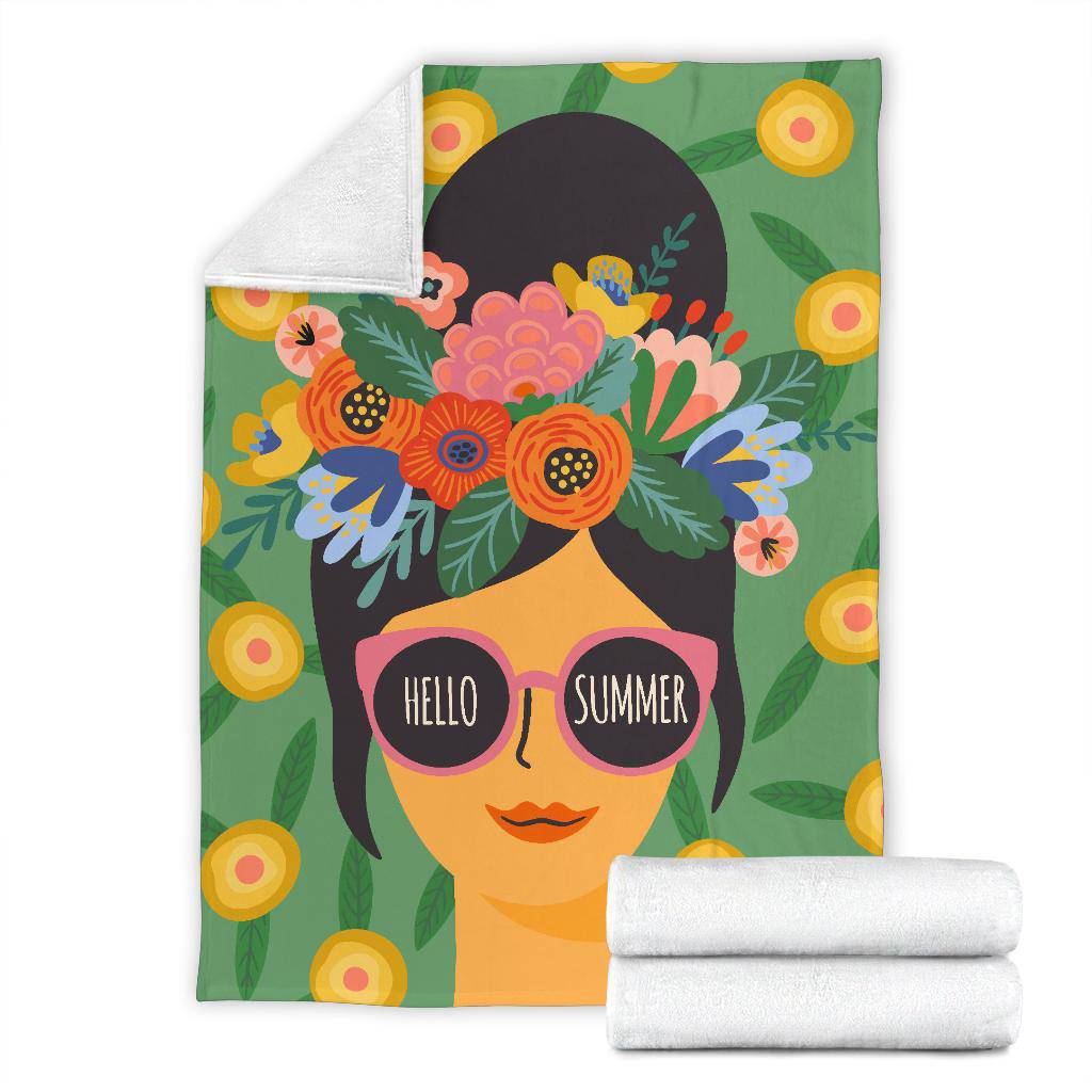 Hello Summer Girl with Flowers Premium Blanket - Top Content | POD Collection | Free Shipping