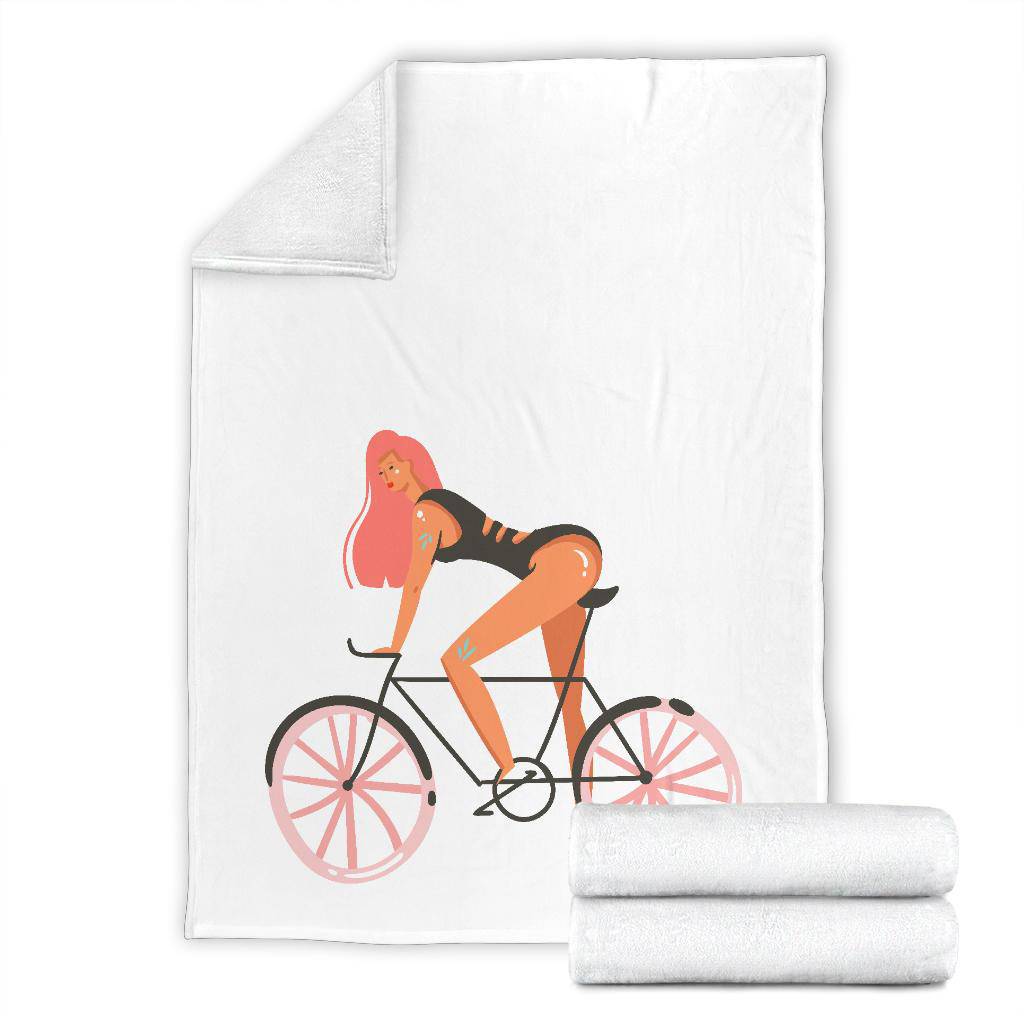 Hand Drawn Cartoon Girl with Bicycle Summer Vibes Premium Blanket - Top Content | POD Collection | Free Shipping