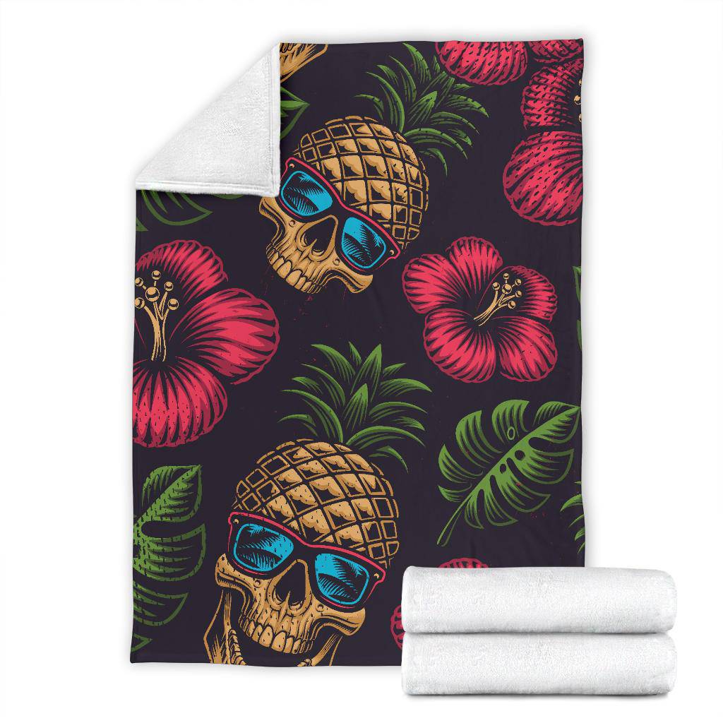 Tropical Flowers, Skull Pineapple Head Premium Blanket - Top Content | POD Collection | Free Shipping