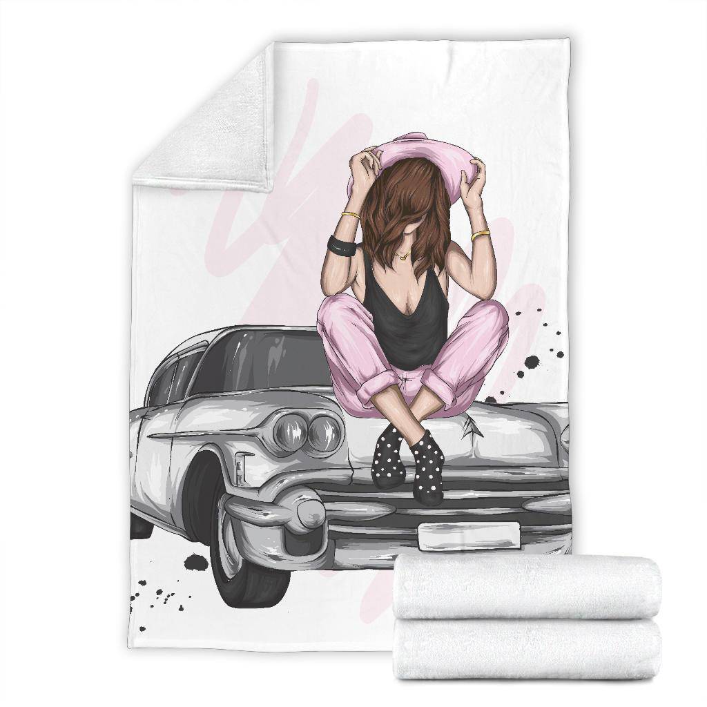 Beautiful Retro Car Girl Premium Blanket - Top Content | POD Collection | Free Shipping