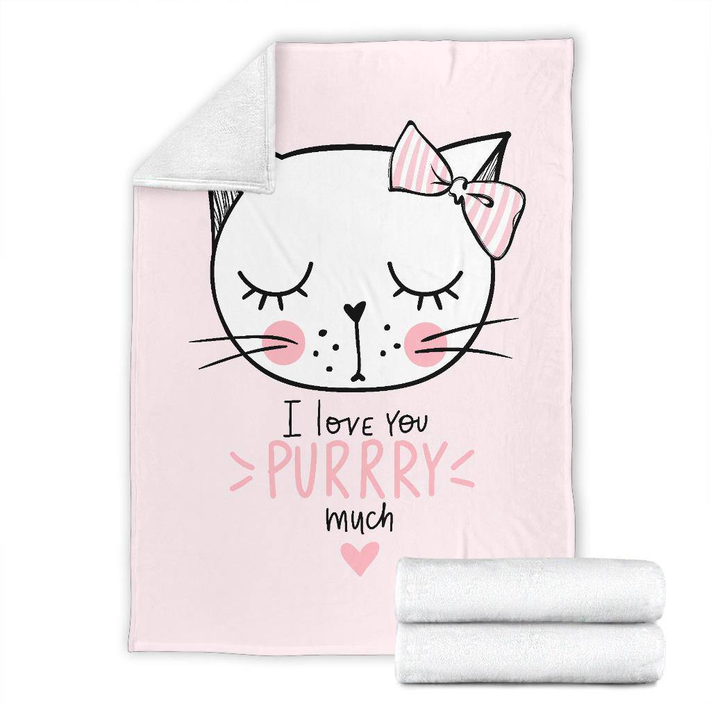 Cute Pink Cat Cartoon Drawing Premium Blanket, I Love You Purrry Much - Top Content | POD Collection | Free Shipping