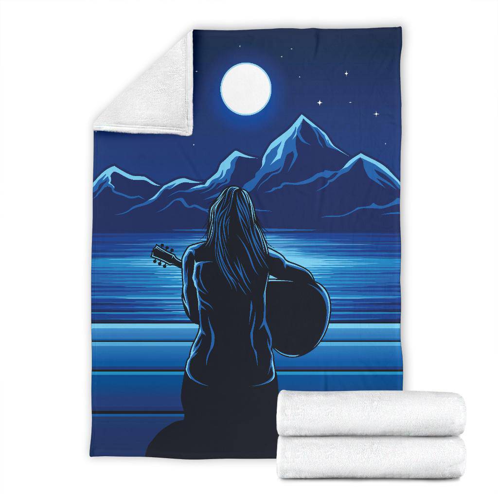 Guitarist Woman in the Moonlight, Mountain view, Sea Premium Blanket - Top Content | POD Collection | Free Shipping