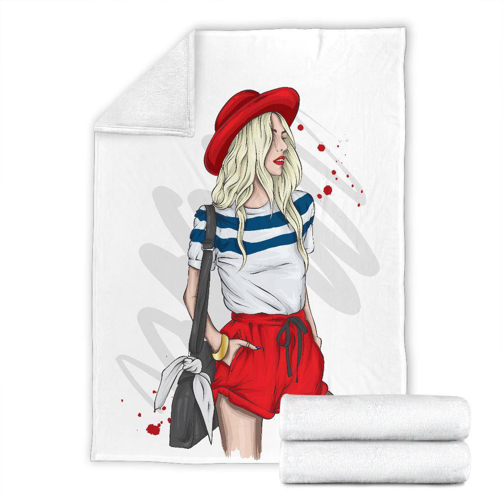 Stylish Red Summer Girl In Shorts Cartoon Premium Blanket - Top Content | POD Collection | Free Shipping