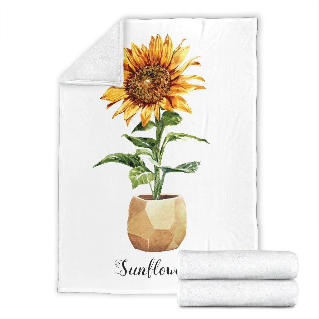 Sunflower Flower Pot Premium Blanket, Watercolour Drawing Illustration - Top Content | POD Collection | Free Shipping