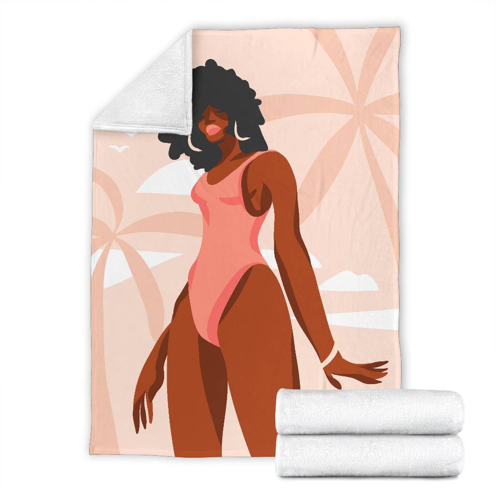 Hand Drawn Afro American Woman Bikini Beach Palms Premium Blanket - Top Content | POD Collection | Free Shipping